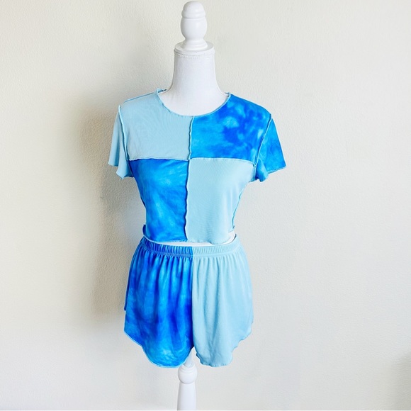 Blue Tie Dye Ribbed Patch Work Lettuce Trim Short Sleeve Crop Top & Shorts Set - Picture 1 of 5